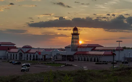 Casino New Brunswick in Moncton at sunset, seen across its parking lot